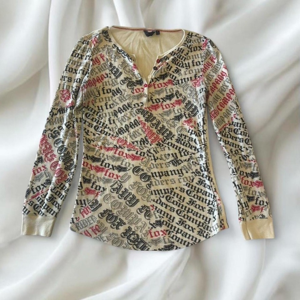Y2K vintage Fox white and pink all over graphic henley long sleeve grunge skater